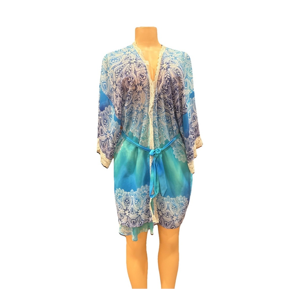 In Bloom by Jonquil Peignoir Set L Gown Robe Blue Floral‎ Paisley Chiffon